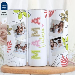 Personalized Photo Mama Tumbler with Straw, Custom Name Floral Mom Drinkware, Family Photo Travel Cup, Gift from Kids, Gift for Mother