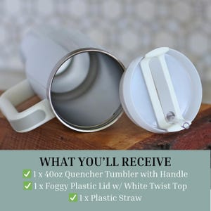 a white Quencher Tumbler with a handle and a white twist top, along with a white plastic lid and a white plastic straw.