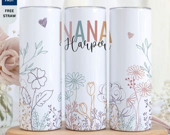 Personalized Nana Tumbler with Straw, Custom Name Floral Gift from Grandkids, Birthday or Thank You Gift for Grandma