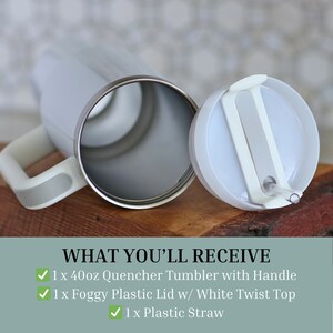 a white Quencher Tumbler with a handle and a white twist top, along with a white plastic lid and a white plastic straw.
