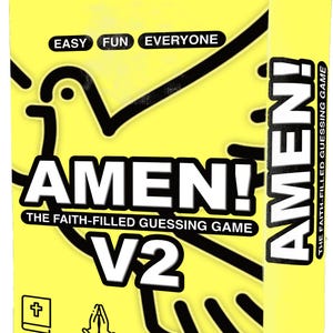 May include: A yellow box featuring the word "AMEN!" in large, bold letters, with a dove outline and the text "THE FAITH-FILLED GUESSING GAME." The box also includes the text "EASY FUN EVERYONE" and "V2."