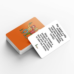 May include: A deck of orange-backed cards with illustrations of people and bottles. One card is face up, displaying instructions: "Sip: Admit a silly childhood misconception..." and "Skip: Imitate a penguin's waddle..."