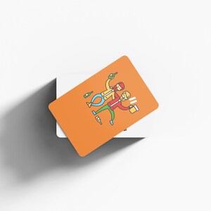 May include: Orange card with a cartoon illustration of two people celebrating with beer and bottles. The card is on top of a white card. The illustration features yellow, red, green, and blue colors.