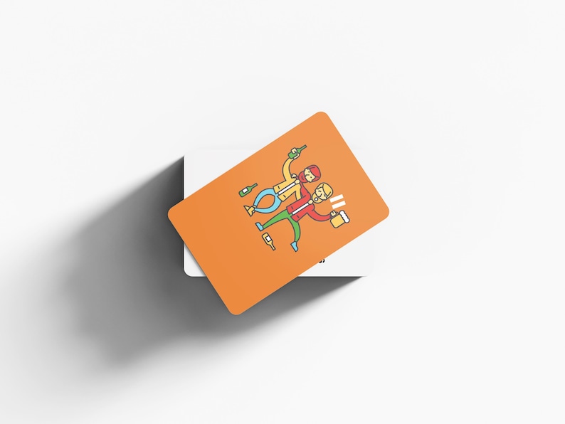 May include: Orange card with a cartoon illustration of two people celebrating with beer and bottles. The card is on top of a white card. The illustration features yellow, red, green, and blue colors.