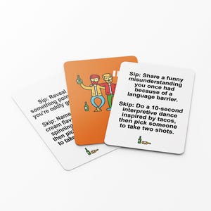 May include: Three game cards with instructions for a drinking game. One card is orange with a cartoon illustration of two people. The other two cards are white with black text. The cards are on a white background.