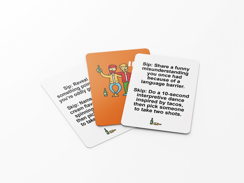 May include: Three game cards with instructions for a drinking game. One card is orange with a cartoon illustration of two people. The other two cards are white with black text. The cards are on a white background.