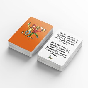 May include: A stack of white playing cards with black text next to a stack of orange cards with a cartoon illustration of two people holding drinks. The text on the white cards reads "Sip: Tell us about a time you completely forgot someone's name you'd known for ages."