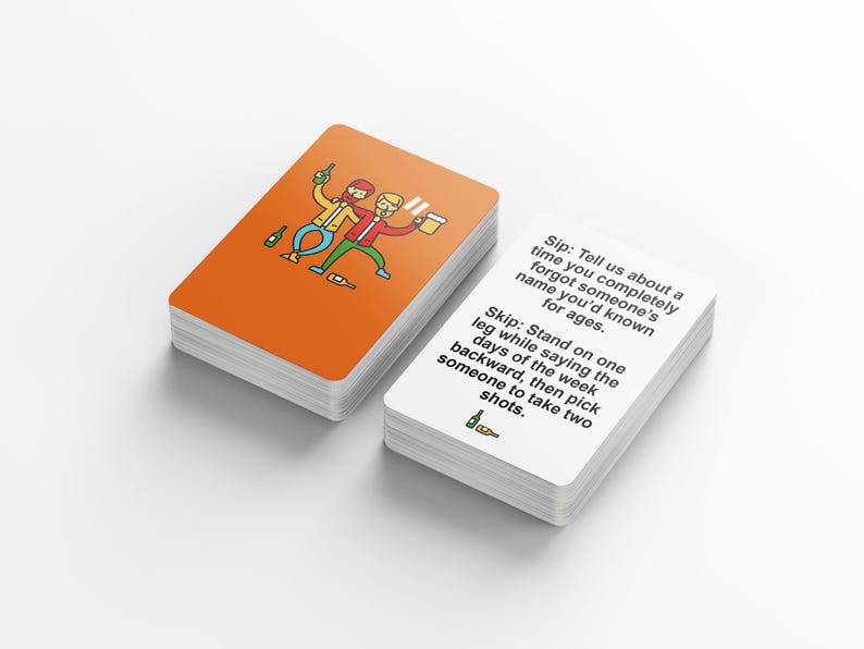 May include: A stack of white playing cards with black text next to a stack of orange cards with a cartoon illustration of two people holding drinks. The text on the white cards reads "Sip: Tell us about a time you completely forgot someone's name you'd known for ages."