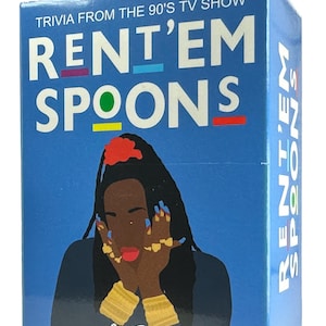 May include: A blue box with the text "TRIVIA FROM THE 90'S TV SHOW RENT'EM SPOONS" in white. The box features an illustration of a woman with red hair and a blue background.