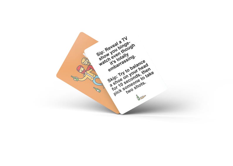 May include: Two game cards, one orange and one white, with text and illustrations. The orange card has a cartoon image of people with bottles. The white card has game instructions: "Reveal a TV show you binge-watch..." and "Try to balance a shoe..."