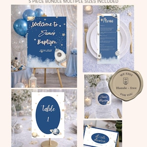 May include: A space-themed baptism bundle featuring a welcome sign, menu, table card, water bottle label, and place card. The designs include a rocket, planets, and stars in blue and white. The text reads "Welcome to James' Baptism" and "Table 1".