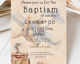 Airplane baby baptism video invitation editable travel theme christening invite adventure awaits design printable template