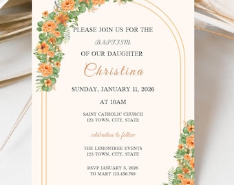 Floral baptism video invitation printable christening invite orange flower floral editable template baptism card