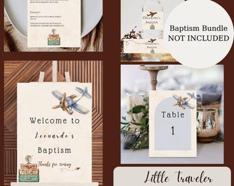 Little traveller baptism bundle airplane travel baby personalized christening template printable invitation welcome sign menu place card