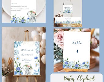 Baby elephant baptism bundle personalized christening template printable invitation welcome sign menu place card water label