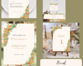 Baby girl floral baptism bundle personalized christening template printable invitation welcome sign menu place card water label orange flowe