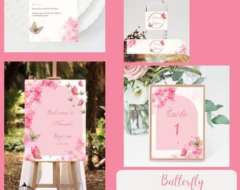 Pink butterfly baptism bundle baby girl personalized christening template printable invitation welcome sign menu place card water label