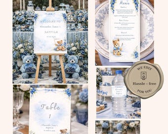 Blueberry baptism bundle personalized christening template berry printable invitation welcome sign table number menu place card water label