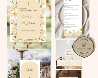 Yellow flowers baptism bundle baby personalized christening template printable invitation welcome sign menu place card water label floral
