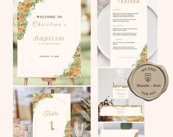 Baby girl floral baptism bundle personalized christening template printable invitation welcome sign menu place card water label orange flowe