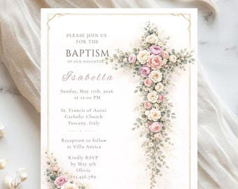 Floral Vintage Cross baptism video invitation printable christening invite editable pink flower cross  design template personalized baptism