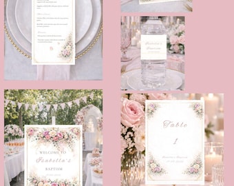 Pink Floral Cross baptism bundle Vintage Floral baby personalized christening printable invitation welcome sign menu place card water label