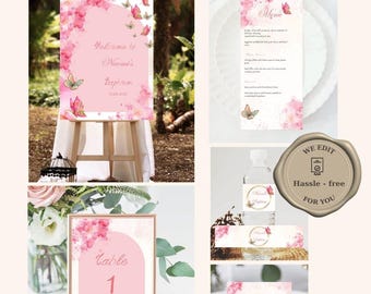 Pink butterfly baptism bundle baby girl personalized christening template printable invitation welcome sign menu place card water label