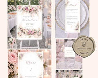 Pink Floral Cross baptism bundle Vintage Floral baby personalized christening printable invitation welcome sign menu place card water label