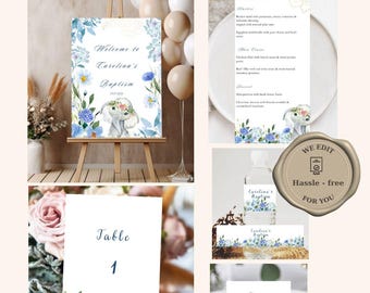 Baby elephant baptism bundle personalized christening template printable invitation welcome sign menu place card water label