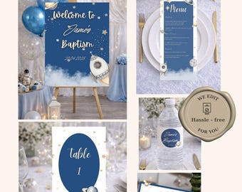 Space Baby Baptism Bundle Personalized Christening Template Printable Invitation Welcome Sign Table Number Menu Place Card Water Label
