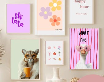 Pink Cheetah Duck Floral Wall Art Prints Set of 6 Girls College Dorm Digital Download