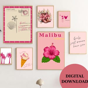 Preppy zomer muur kunst set van 7, poster kust strand, poster ijs, bikini poster, instant download, poster Californië meisje, roze kustkunst