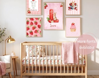 Strawberry Nursery Wall Art Bunny Prints Nursery Decor Sweet Strawberry Decor Pink Nursery Prints Baby Girl Room Decor Baby Bunny