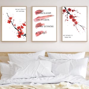 Cherry Blossom Wall Art Set of 3 Prints | Sakura Floral Digital Posters | Pink Japanese Minimalist Home Decor,Red Girly Bedroom Decor