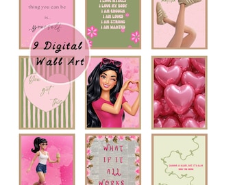 Barbie Brunette bedroom wall art prints digital art download set of 9 pastel matcha trendy posters girls room decor printable art