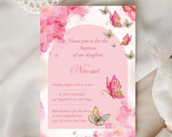Pink purple butterfly baptism video invitation printable christening invite baby girl floral editable template