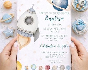 Baptism Invitation Digital Astronaut Space Theme Printable Christening Invite Personalized PDF
