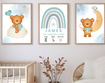 Personalized Teddy Bear Nursery Prints Birth Stats Set New Baby Girl Gift Keepsake Digital Download