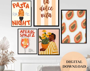 Wall Art of Woman with Flowers Botanical Art Print Boho Decor Pasta Night Print Retro Italian Food Aperol Print La Dolce Vita
