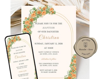 Floral baptism video invitation printable christening invite orange flower floral editable template baptism card