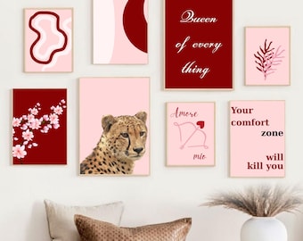 Cheetah Cherry Blossom Pink Leopard Prints Set of 8 Girly Digital Art Download