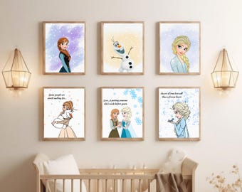 Frozen Elsa Anna Wall Art Set of 6 Girls Nursery Decor Winter Quote Prints Digital Download