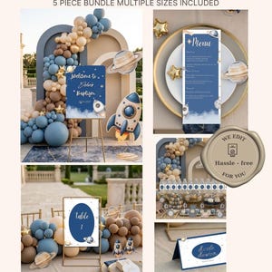 Pode incluir: Um conjunto de papelaria para eventos de 5 peças com tema espacial, incluindo placa de boas-vindas, menu, número da mesa e cartão de lugar. Os designs apresentam foguetes, planetas e estrelas em fundo azul-marinho. Texto: Welcome to John's Baptism, Menu, Table 1, Nicole Newton.
