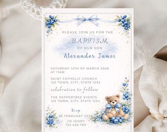 Baby baptism video blueberry invitation printable christening invite berry theme invitation personalized editable pdf png