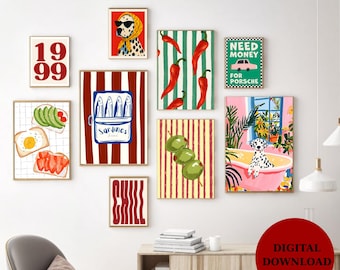 Retro Eclectic Wall Art Set of 9 Colorful Kitchen Gallery Wall Decor Trendy Dalmatian Chili Sardines Posters Funky Mid Century Modern Prints