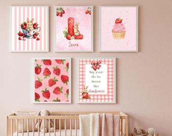 Strawberry Nursery Wall Art Bunny Prints Nursery Decor Sweet Strawberry Decor Pink Nursery Prints Baby Girl Room Decor Baby Bunny