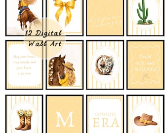 Cute Cowgirl Western Girls Bedroom Prints Trendy Neutral Yellow Gallery Wall Art Set 12 Girly Playroom Posters Horse Nursery Personalized