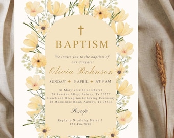 Yellow flowers baptism video invitation printable christening invite baby editable personalized floral daisy template