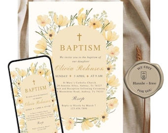 Yellow flowers baptism video invitation printable christening invite baby editable personalized floral daisy template