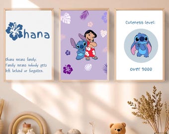 Lilo and Stitch Nursery Decor Lilo Stitch Room Prints Girls Bedroom Decor Lilo Stitch Wall Art Ohana Quote Wall Print Set of 3